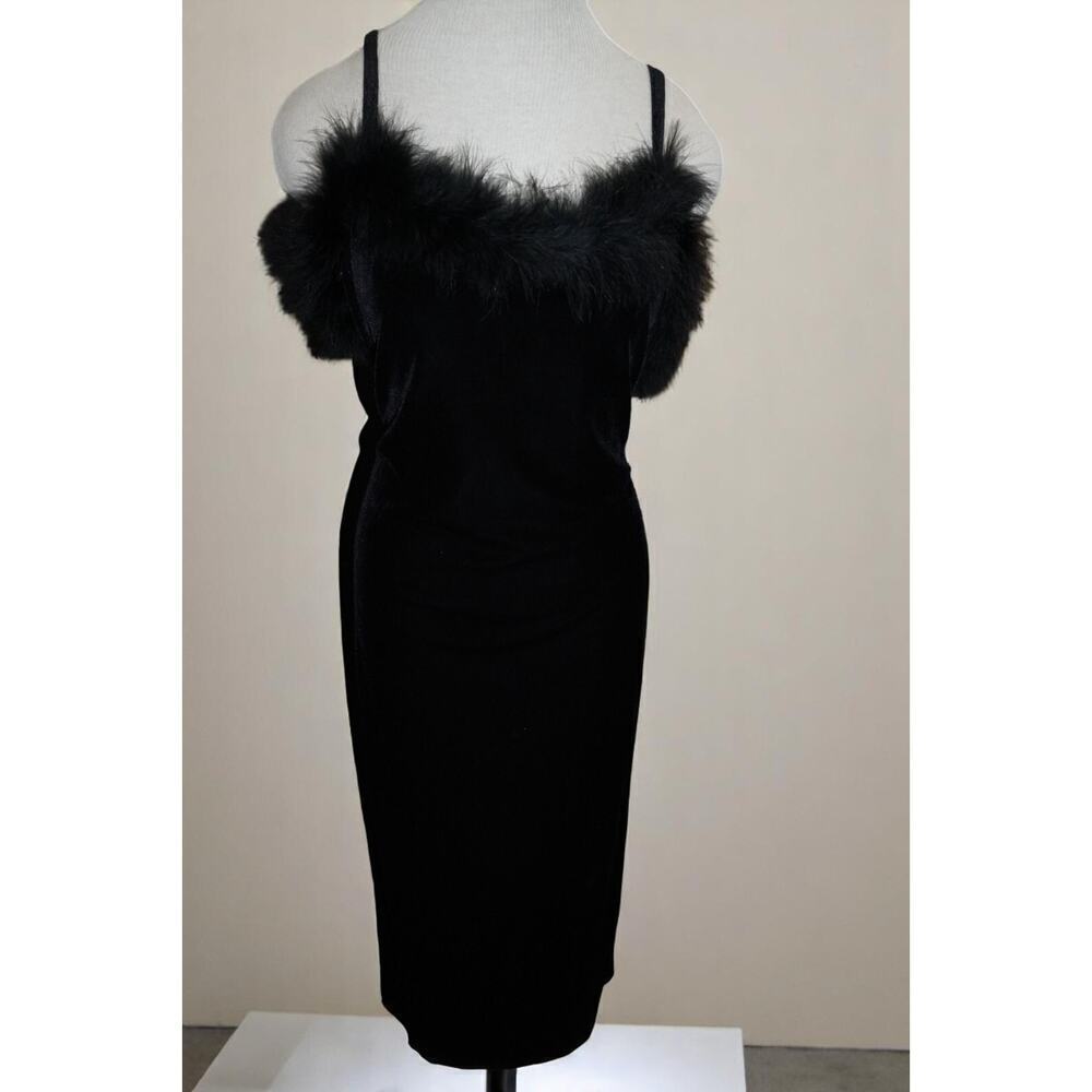 Vintage Nostalgia 90s Black Velvet Midi Dress Faux Feather Trim Size XXL USA